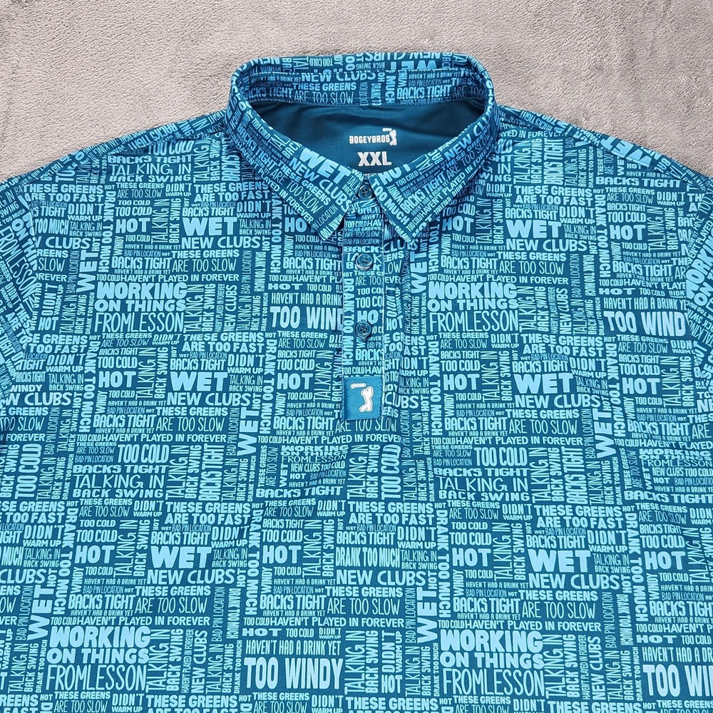 BogeyBros Polo Shirt Mens 2XL Excuses Blue Teal‎ All Over Print Performance